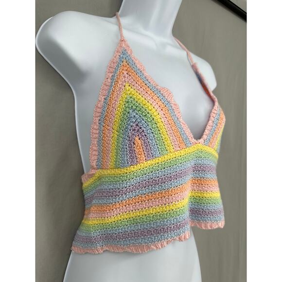Sincerely Jules Top Medium Colorful Crochet Rainbow Pastel Striped Knit Halter - Picture 2 of 7